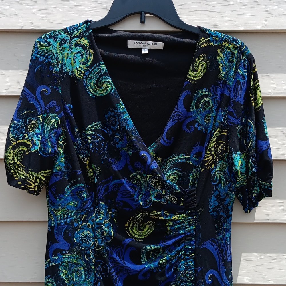 EVAN PICONE Women's Ruched Short Sleeve Black and Blue Patterned Dress - 14P